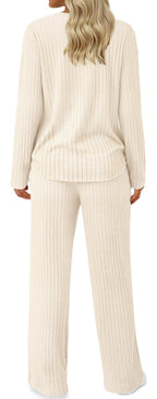 Two Piece Lounge Sets for Women Fall Travel Outfits Henley Neck Sweater Tops Wide Leg Pants Matching Sets Pajamas Clothes