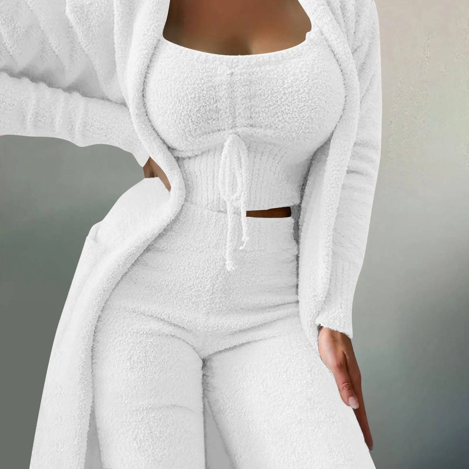 Women'S Fleece 3 Pc Teddy Loungewear Spaghetti Strap Crop Tank Wide Long Pants Fuzzy Kimono Cozy Sweatsuit Set Ladies Pants Suit