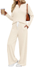 Two Piece Lounge Sets for Women Fall Travel Outfits Henley Neck Sweater Tops Wide Leg Pants Matching Sets Pajamas Clothes