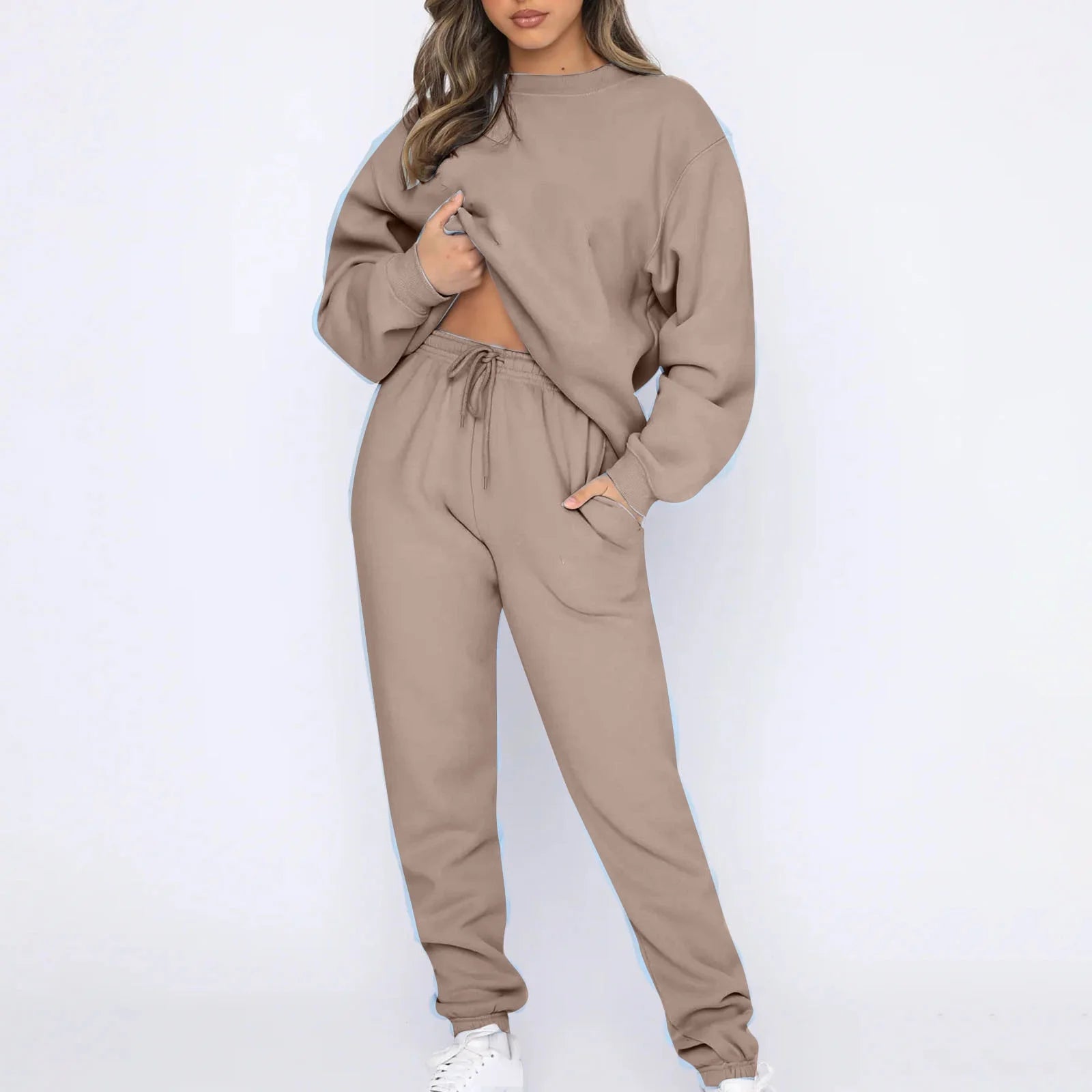 Sweatsuit for Women 2 Piece Outfits Solid Color Long Sleeve Crewneck Sweatshirts Pullover Drawstring Jogging Sweat Suit with Pockets 2024