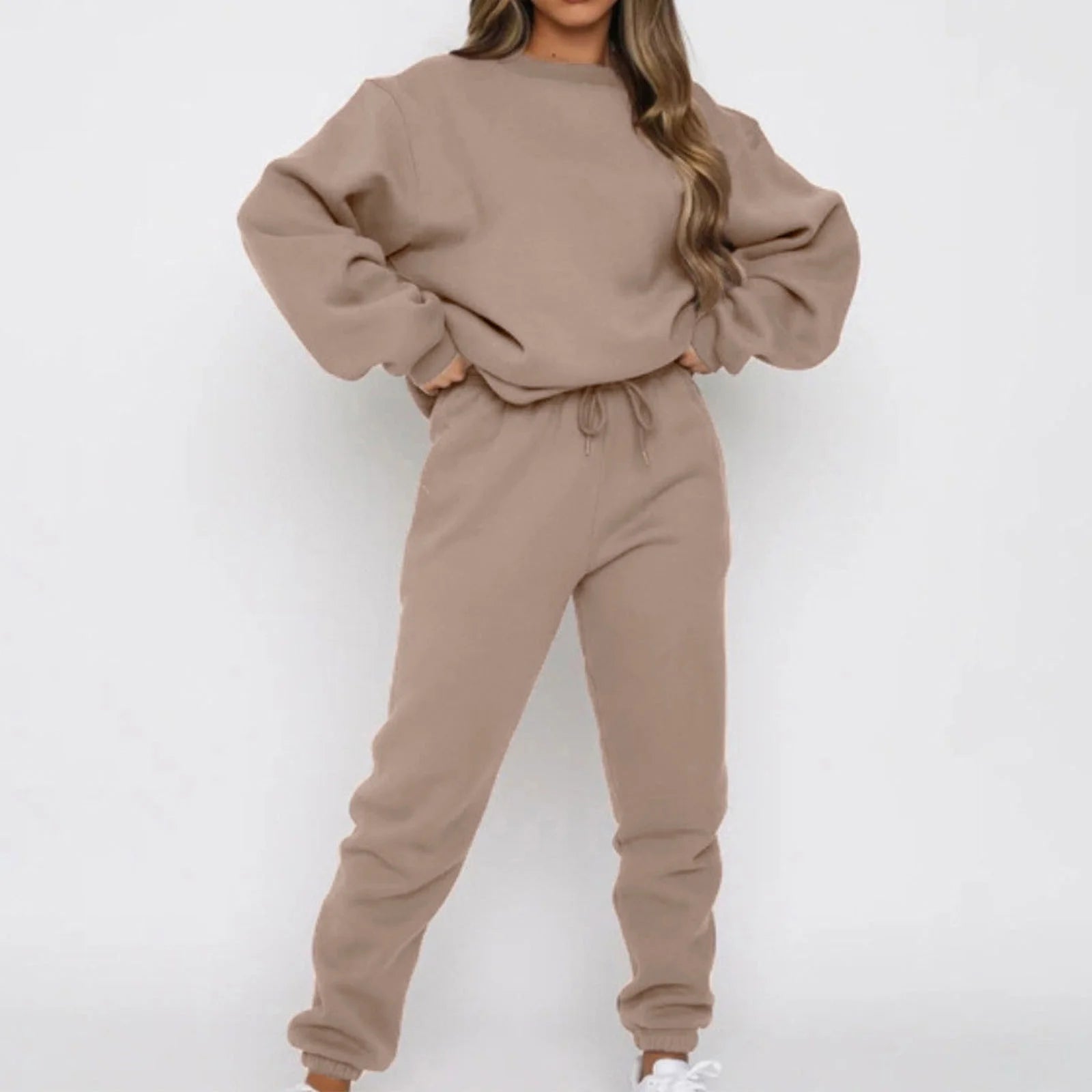 Sweatsuit for Women 2 Piece Outfits Solid Color Long Sleeve Crewneck Sweatshirts Pullover Drawstring Jogging Sweat Suit with Pockets 2024
